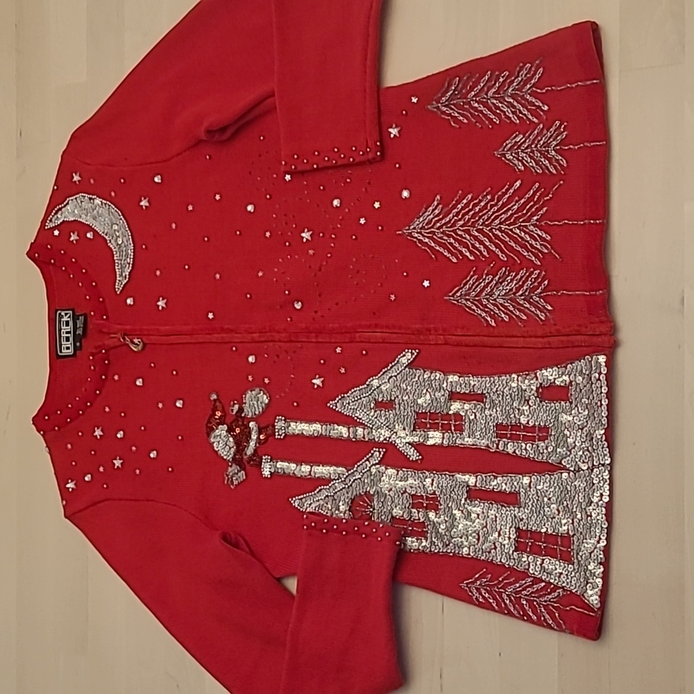 EUC Vintage Berek Red Christmas Themed Sequined and Beaded Zip Up Sweater